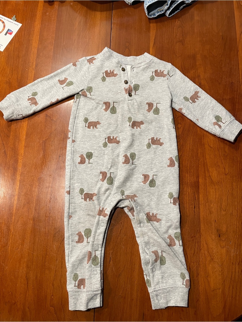 Carter's Gray Bear & Tree Printed Long-Sleeve One-Piece